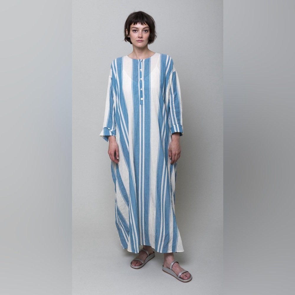Pietsie Tunis Caftan Dress Teal Souk Stripe One Size Cotton Linen Maxi Boho